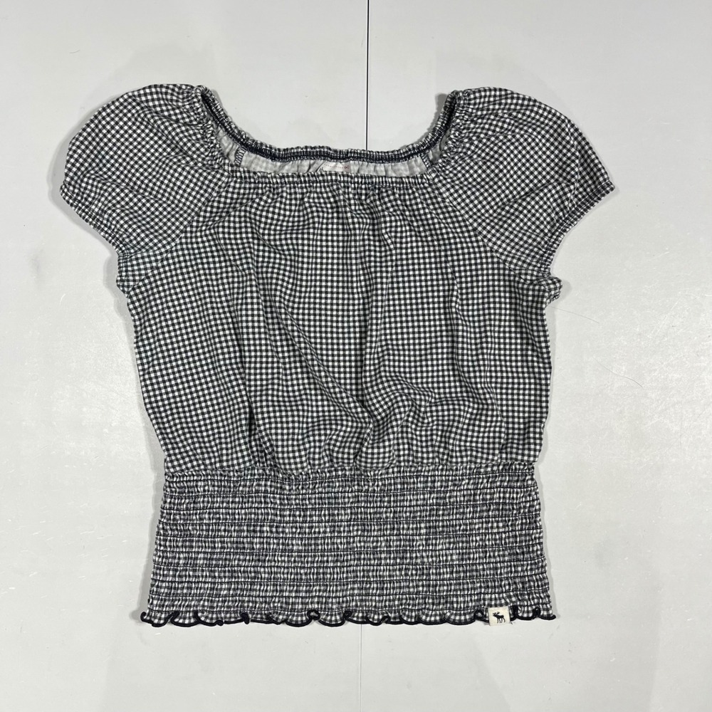Abercrombie Kids Girls Gingham Smocked Waist Top Navy Blue White Size 13/14